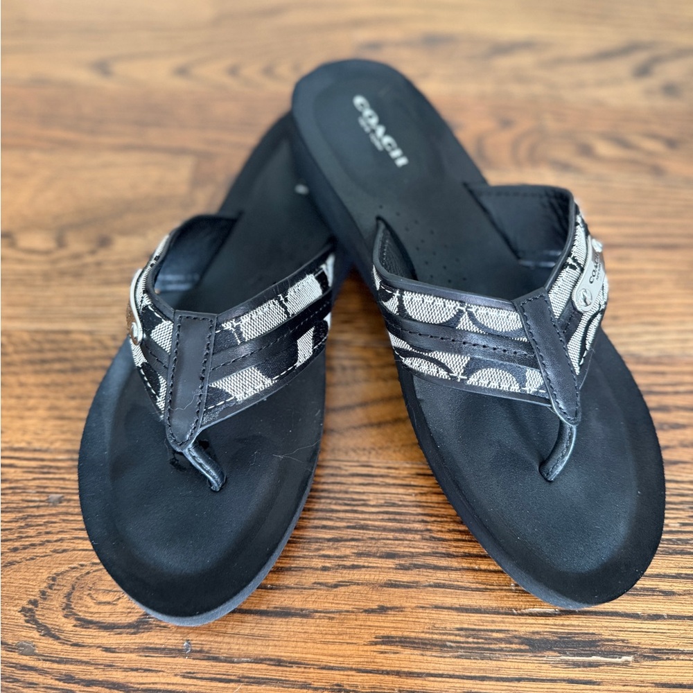 Coach Black Signature Canvas Thong Sandals with Silver Brand Tag - Picture 1 of 8